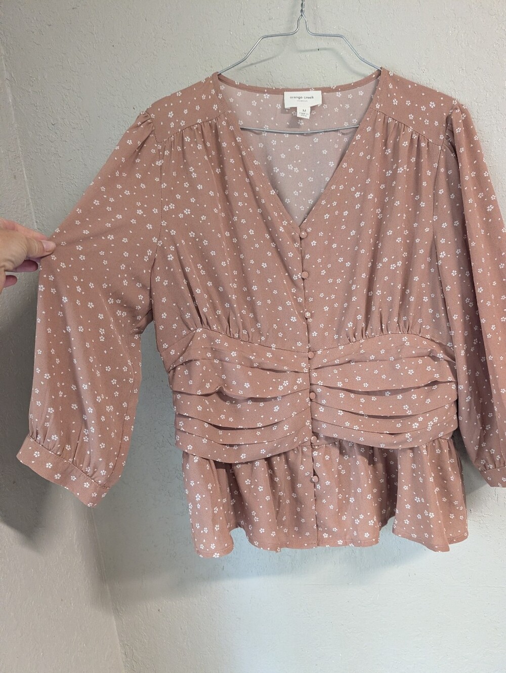 Pleated Peplum Blouse M Mauve Floral Peasant Boho Cottage Indie Ruffle Ren Faire
